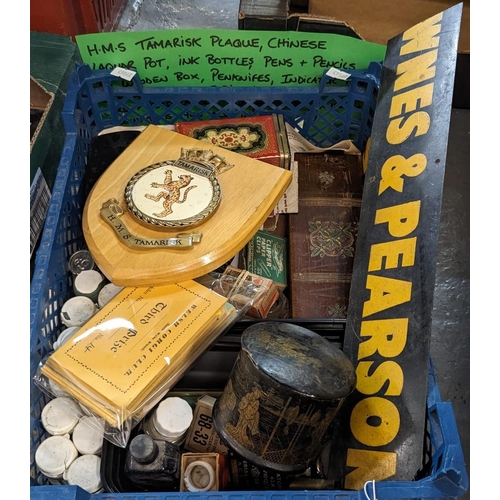 457 - Box of oddments to include: HMS Tamarisk plaque, Chinese lacquered pot, ink bottles, penknives, pens... 