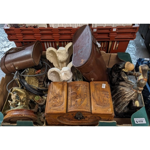 458 - Box of oddments to include: miniature camphor wood chest, Eagle ornament, Wade Whimsies and other ce... 