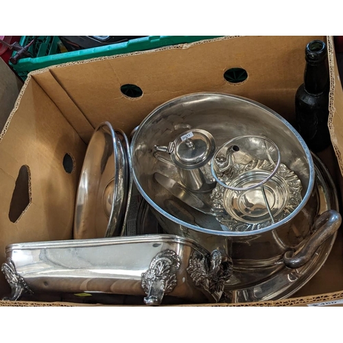 460 - Box of silver plated Elkington Plate, relating to Liverpool Dining Club to include: teapot, entrée d... 