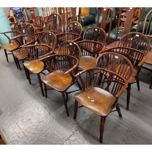 508 - Good set of ten (9+1) 19th century yew and elm splat and stick backed Windsor elbow chairs with moul...