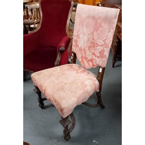 510 - 17th century style high backed upholstered side chair, with vase shaped front legs and cross over st... 