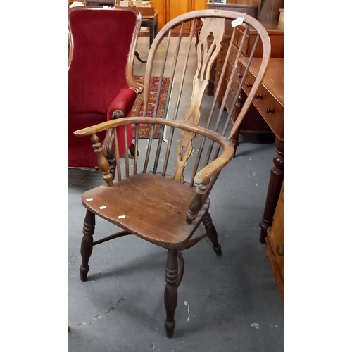 511 - 19th century ash and elm splat and stick backed Windsor elbow chair, with moulded seat on ring turne... 