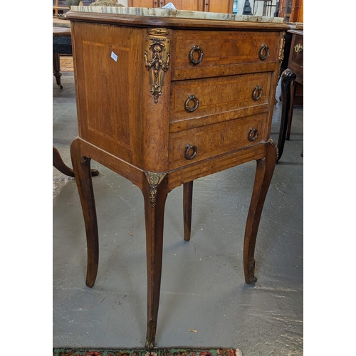 517 - 19th/early 20th century French bedside chest of three drawers with gilt metal mounts and inset marbl... 