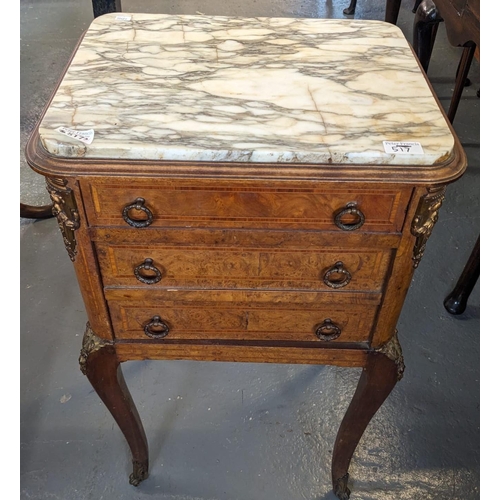 517 - 19th/early 20th century French bedside chest of three drawers with gilt metal mounts and inset marbl... 