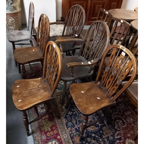 518 - Set of four 19th century triple splat back ash and elm kitchen chairs with moulded seats on baluster... 