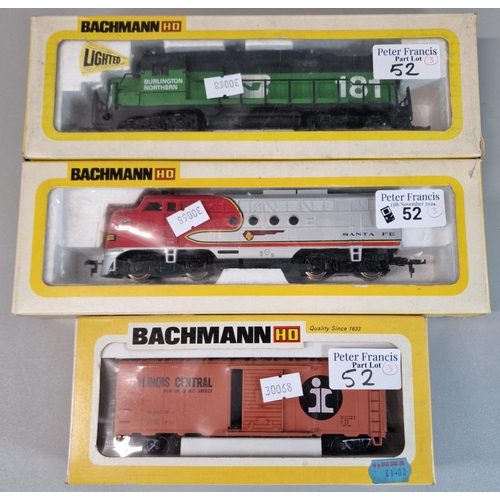 52 - Three Bachmann HO electric trains to include: Steel Box Car Illinois Central, EMD GP30 Diesel Burlin... 