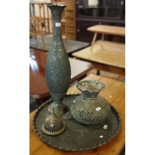 539 - Indo Persian white metal tray, tall ovoid Indo Persian white metal vase and a pierced metal baluster... 