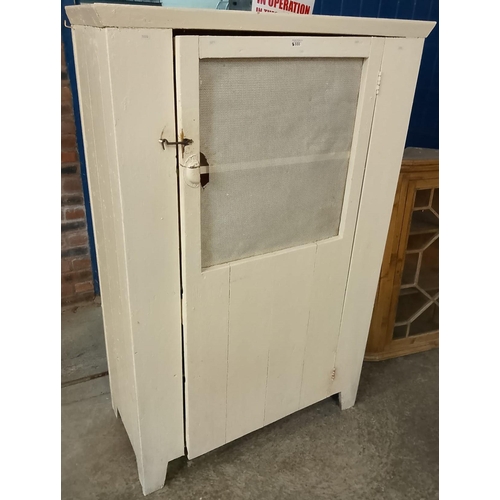 555 - Large 19th century stained pine larder meat safe with metal mesh panelled door. 100x47x158cm approx.... 