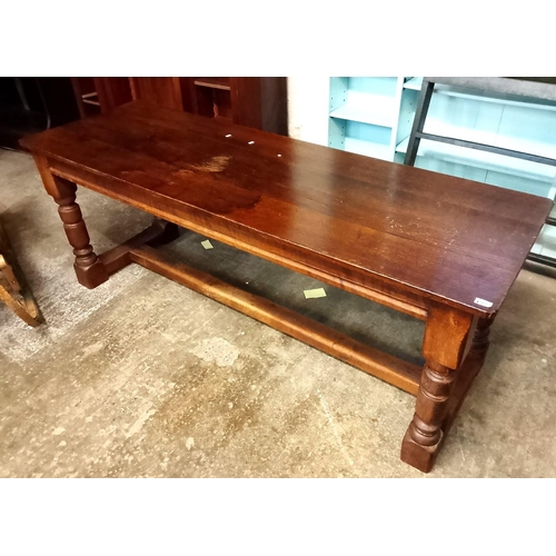 561 - Well made 17th century style oak refectory table, having three plank top, over moulded frieze with t... 