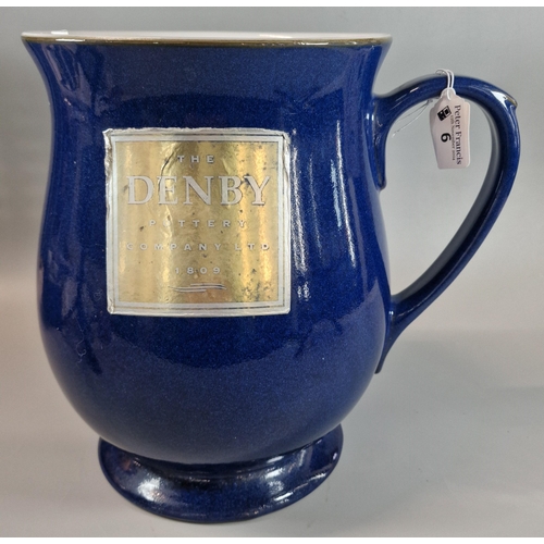 6 - Large Denby Pottery single handled baluster jug on a blue mottled ground with gold label marked 'The... 