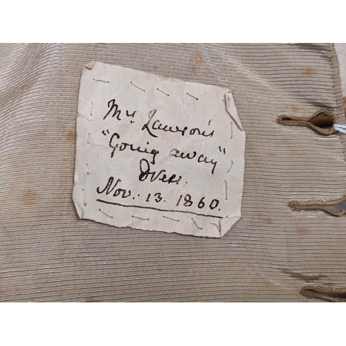 604 - Victorian bodice labelled 'Mrs Lawson's going Away Dress, November 13th 1860', with decorative butto... 