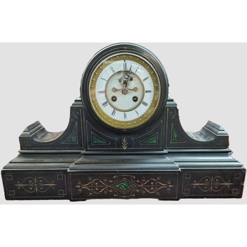 81 - Late Victorian slate mantle clock inlaid with malachite and having two train escapement movement and... 