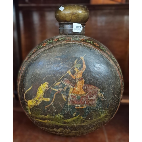 88 - Large Indian tin flask/moon shaped vase, hand painted with flowers, foliage and hunting scene of a f... 