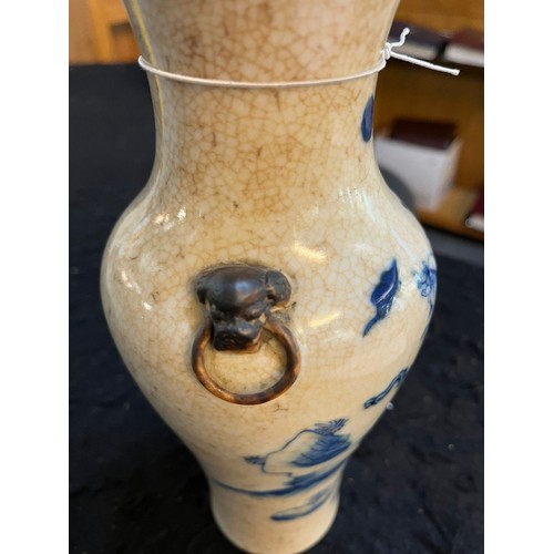 19 - Chinese stoneware late Qing crackle glazed blue and white vase, with lion mask handles and brown etc... 