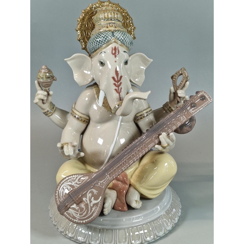 130 - Lladro Spanish porcelain seated figure of Ganesha with Veena. 22.5cm high approx. Blue printed marks... 