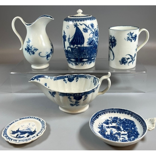 132 - Collection of 18th century Caughley blue and white porcelain items to include: barrel shaped tea cad... 