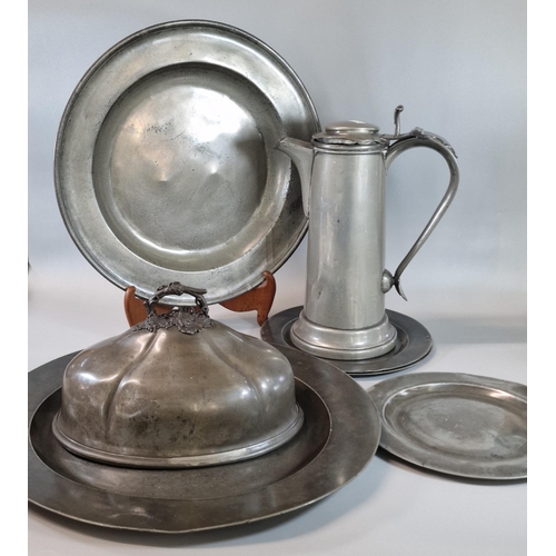 139 - Collection of 18th/19th century pewter to include: 6 large chargers, one with impressed marks for Al... 