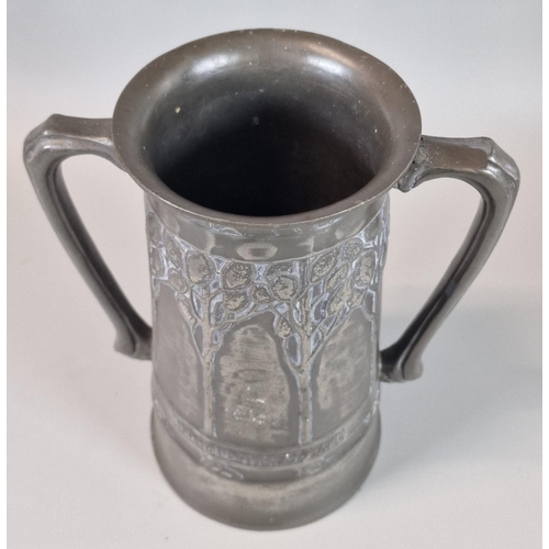 139A - Liberty & Co - English pewter twin handled loving cup with Honesty Tree decoration and Motto 'For Ol... 