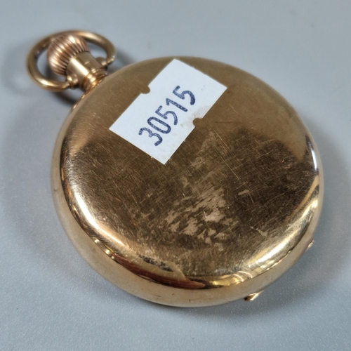 170 - Waltham 9ct gold keyless lever open faced pocket watch, having Roman white enamelled face with secon... 