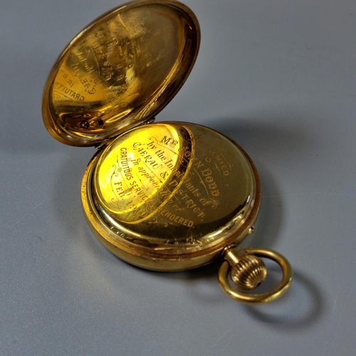 171 - 18ct gold Keyless lever open faced pocket watch, having Roman enamelled face with seconds dial, and ... 