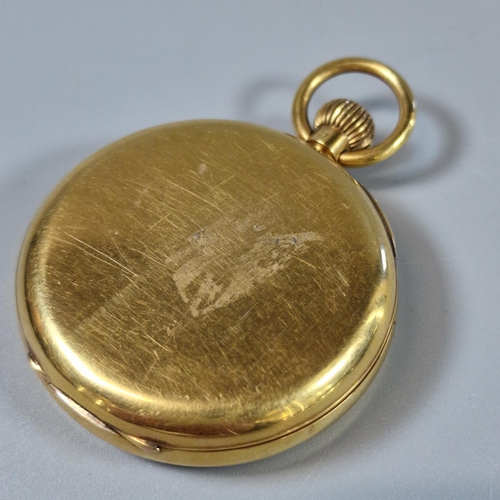 171 - 18ct gold Keyless lever open faced pocket watch, having Roman enamelled face with seconds dial, and ... 