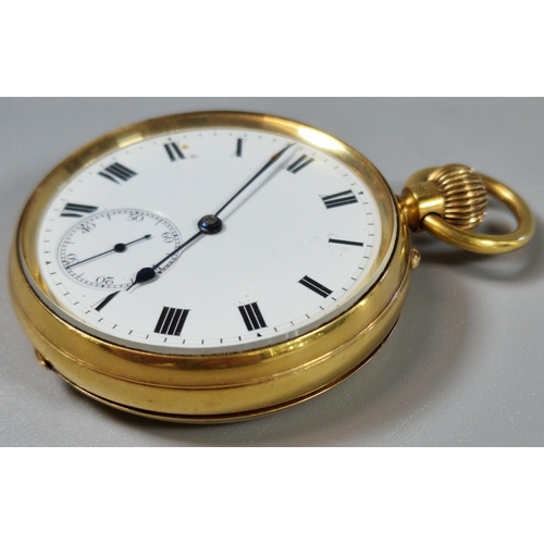 171 - 18ct gold Keyless lever open faced pocket watch, having Roman enamelled face with seconds dial, and ... 