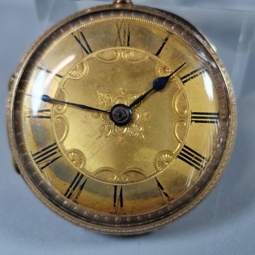 172 - 19th century 18ct gold open faced fancy key wind pocket watch, with engine turned Roman face and fol... 