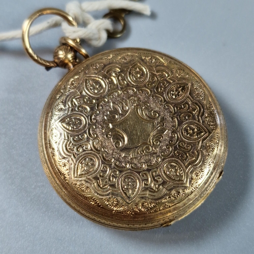 172 - 19th century 18ct gold open faced fancy key wind pocket watch, with engine turned Roman face and fol... 