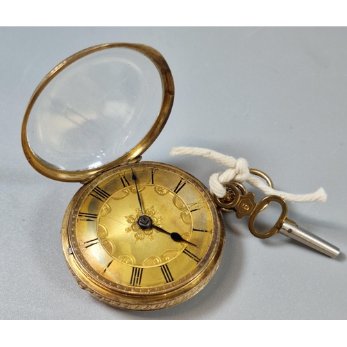 172 - 19th century 18ct gold open faced fancy key wind pocket watch, with engine turned Roman face and fol... 