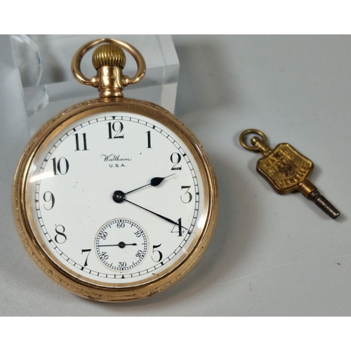 173 - Waltham 9ct gold keyless lever open faced pocket watch, having white enamelled Arabic face with seco... 