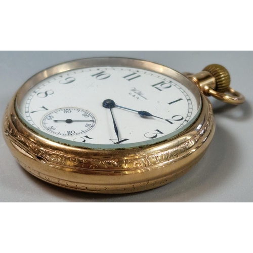 173 - Waltham 9ct gold keyless lever open faced pocket watch, having white enamelled Arabic face with seco... 