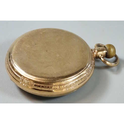 173 - Waltham 9ct gold keyless lever open faced pocket watch, having white enamelled Arabic face with seco... 