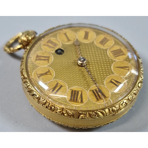 174 - 19th century 15ct gold fancy key wind fob watch, having engine turned face with Roman numerals and o... 