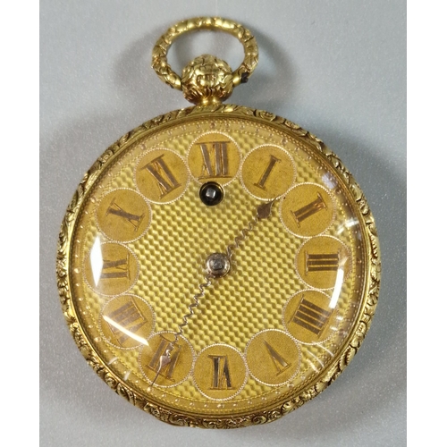 174 - 19th century 15ct gold fancy key wind fob watch, having engine turned face with Roman numerals and o... 