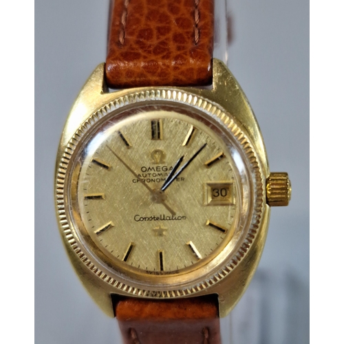 179 - Gold ladies' Omega Constellation automatic Chronometer wristwatch, having gilt face with baton numer... 