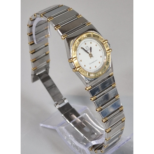 180 - Omega Constellation ladies' bi-metal bracelet wristwatch, having white face with spot numerals withi... 