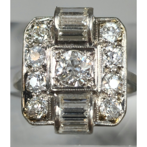 184 - Art Deco style (probably mid century) white metal diamond lozenge shaped ring, having an old Europea... 