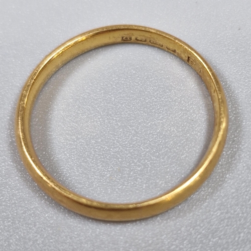 186 - 22ct gold wedding band. 3.6g approx. Size O1/2. (B.P. 21% + VAT)