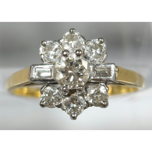 193 - 18ct gold and platinum diamond flowerhead ring, having seven brilliant round cut diamonds and two ba... 