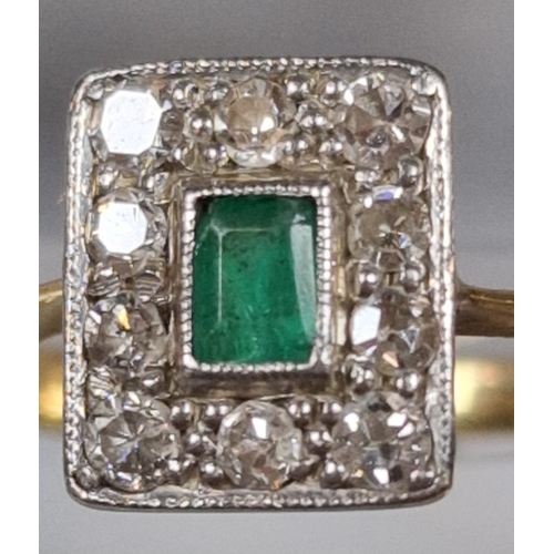 194 - 18ct gold and platinum Art Deco design diamond and emerald ring, the central emerald stone surrounde... 