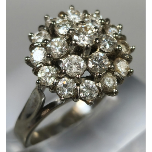 195 - 14ct white gold multi-cluster diamond ring. Approximately 1.25 carats. 5.4g approx. Size N1/2. (B.P.... 