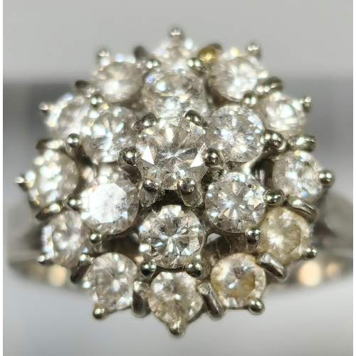 195 - 14ct white gold multi-cluster diamond ring. Approximately 1.25 carats. 5.4g approx. Size N1/2. (B.P.... 