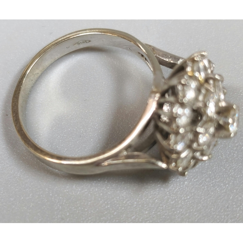 195 - 14ct white gold multi-cluster diamond ring. Approximately 1.25 carats. 5.4g approx. Size N1/2. (B.P.... 