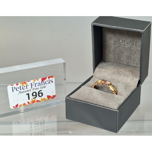 196 - Clogau gold, 9ct gold oak leaves two tone ring, in Clogau box. 3.5g approx. Size O. (B.P. 21% + VAT)