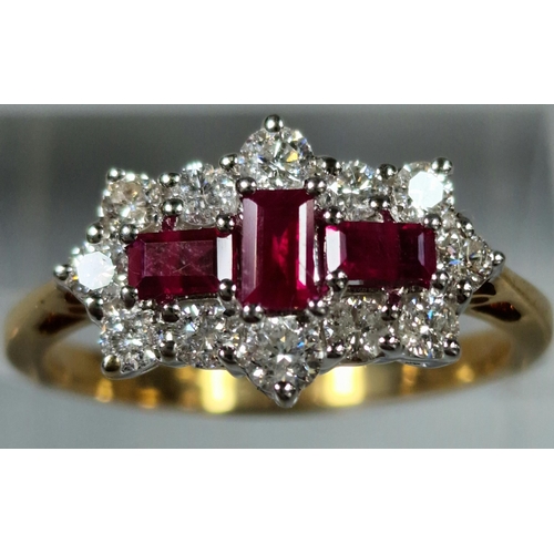 207 - 18ct gold diamond and ruby cluster ring, the three baguette rubies surrounded by brilliant cut diamo... 