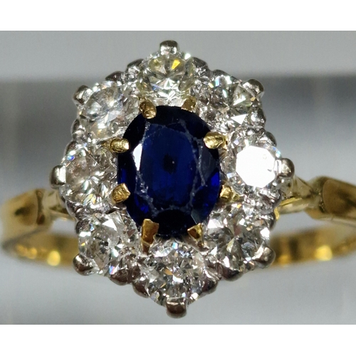 208 - 18ct gold diamond and sapphire multi-cluster flowerhead ring, the central sapphire stone surrounded ... 