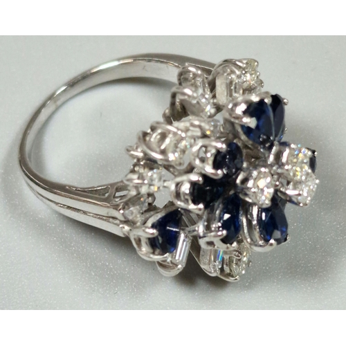 209 - White metal, probably 18ct gold, diamond and sapphire multi-cluster cocktail ring. 8g approx. Size M... 