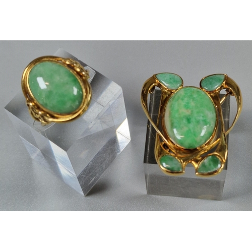 218 - 18ct gold Celtic design Jadeite ring. 8.7g approx. Size O. Together with an Art Nouveau style yellow... 