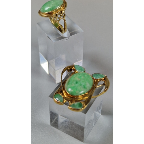 218 - 18ct gold Celtic design Jadeite ring. 8.7g approx. Size O. Together with an Art Nouveau style yellow... 