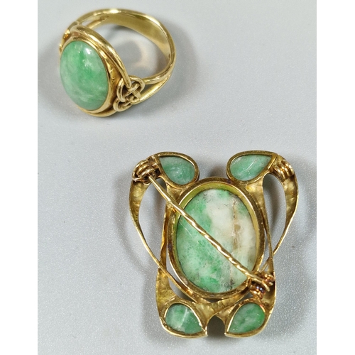 218 - 18ct gold Celtic design Jadeite ring. 8.7g approx. Size O. Together with an Art Nouveau style yellow... 